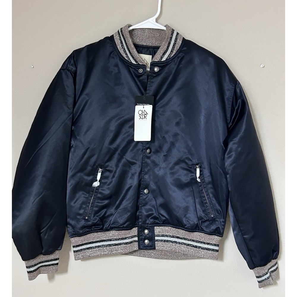 Chaser Boulevard Shadow Black Bomber Jacket NWT Size XS Satin Finish Snap Front
